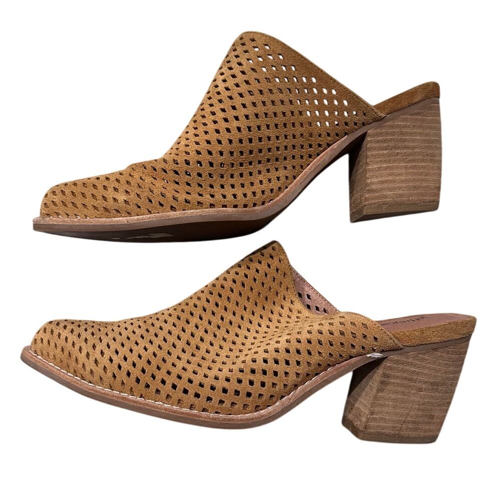 Jeffrey Campbell Favela Perforated Tan Cognac Suede Mules Slides Suede, size 10